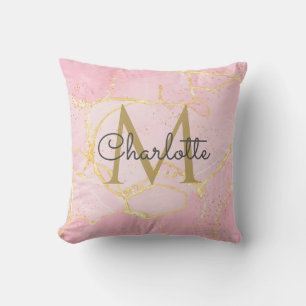 Pink Agate Geode Gold Monogram Elegant Script Throw Pillow
