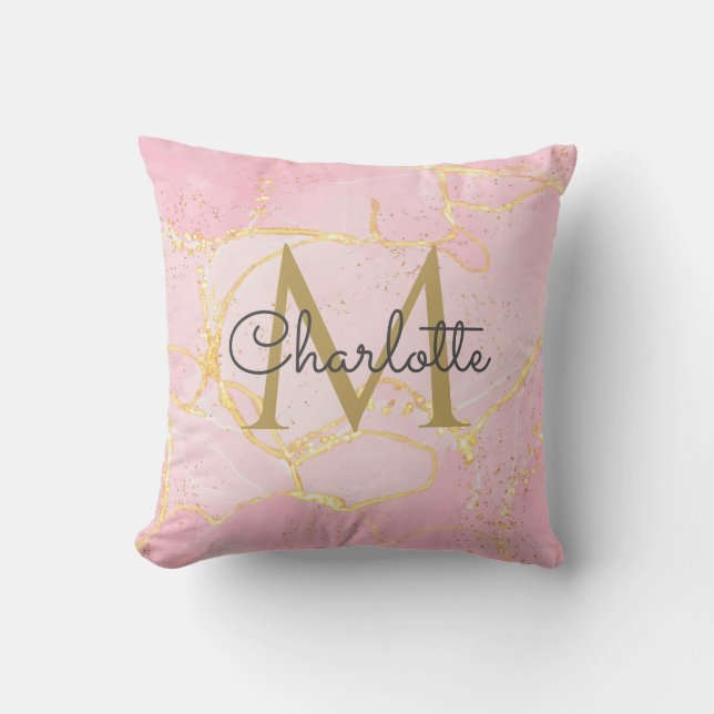 Pink Agate Geode Gold Monogram Elegant Script  Throw Pillow (Front)