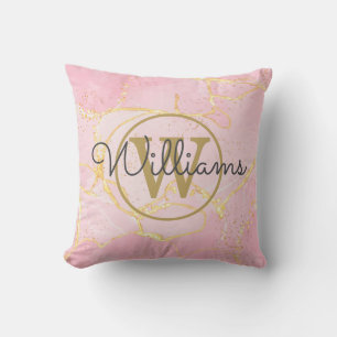 Pink Agate Geode Gold Monogram Name Throw Pillow