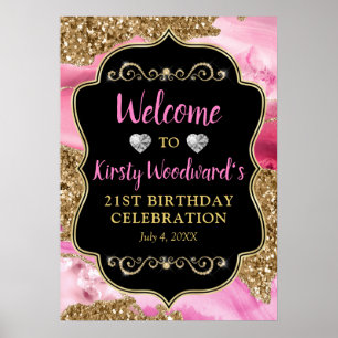 Pink Agate Geode Slices and Gold Glitter Birthday Poster