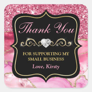 Pink Agate Geode Slices & Gold Small Business Square Sticker