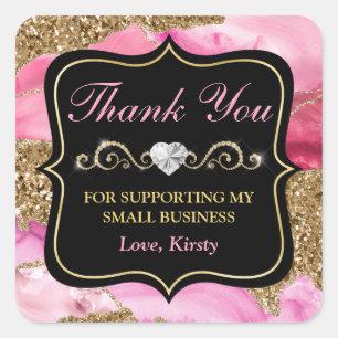 Pink Agate Geode Slices & Gold Small Business Square Sticker