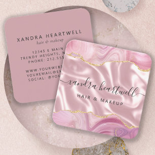 Pink Agate Gold Glitter Luxury Rounded Corners Square Business Card