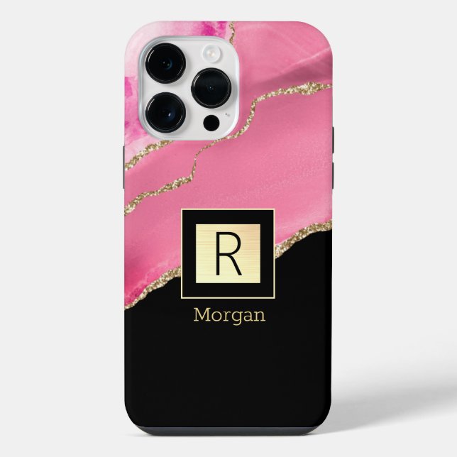 Pink Agate, Name & Monogram, Black & Gold Box iPhone Case (Back)