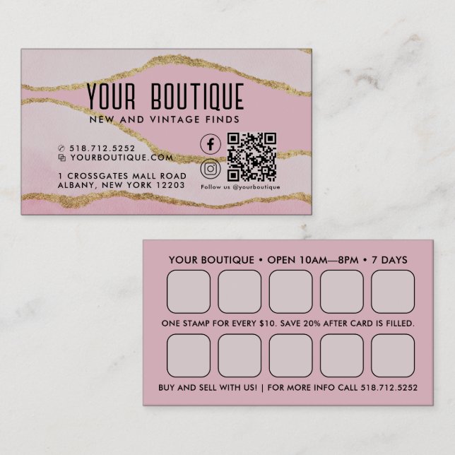 Pink Agate QR Code Reward Business Card (Front/Back)