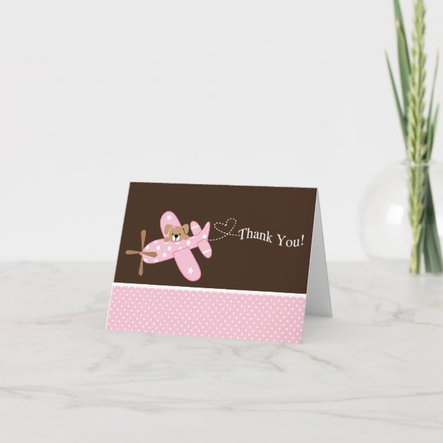 Pink Airplane Baby Shower Thank You Note Card (Front)