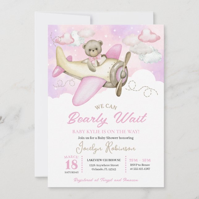 Pink Airplane Flying Teddy Bear Clouds Baby Shower Invitation (Front)