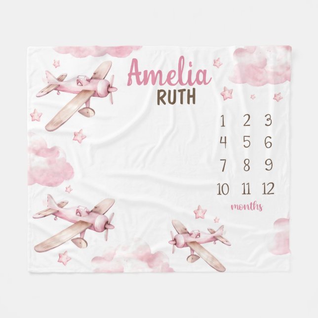 PINK AIRPLANE MILESTONE Blanket, Personalized Baby Fleece Blanket (Front (Horizontal))