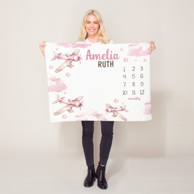 PINK AIRPLANE MILESTONE Blanket, Personalized Baby Fleece Blanket (In Situ)