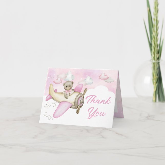 Pink Airplane Teddy Bear Girl Thank You Card (Front)