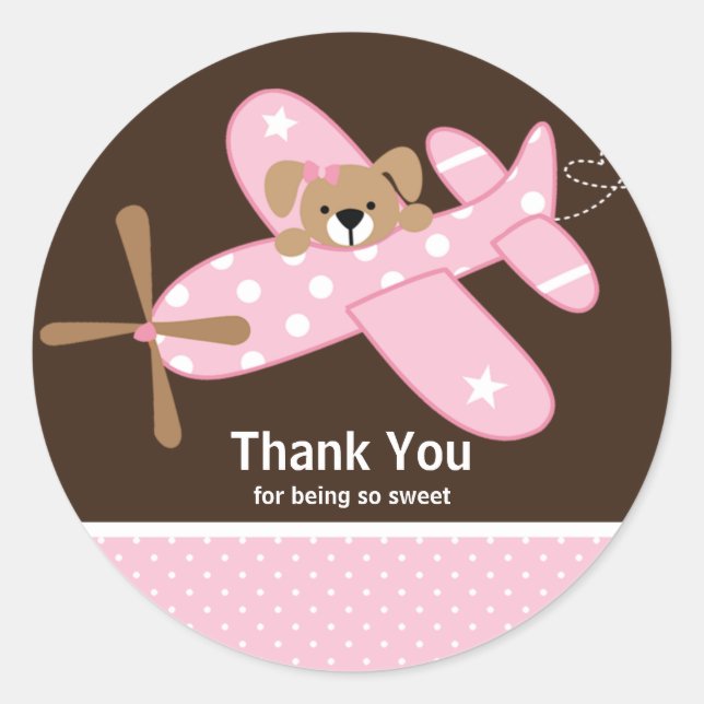 Pink Airplane Thank You Baby Shower Sticker (Front)