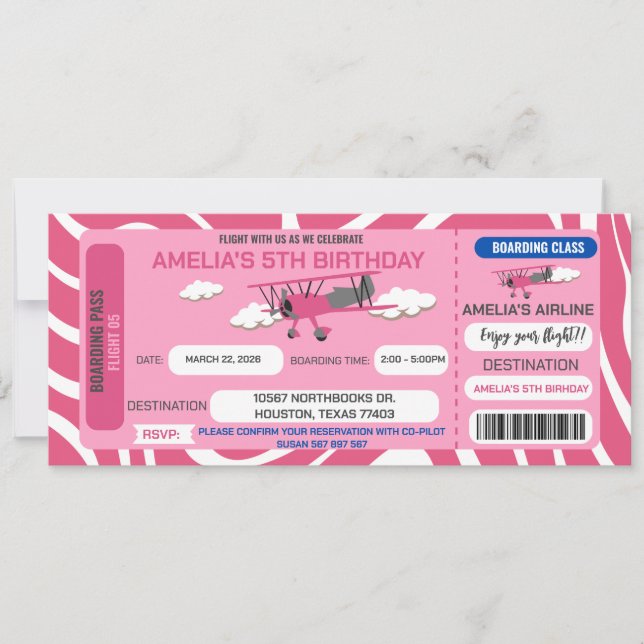 Pink Airplane Ticket Birthday Party Invitation (Front)