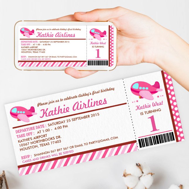 Pink Airplane Ticket Birthday Party Invitation (Creator Uploaded)