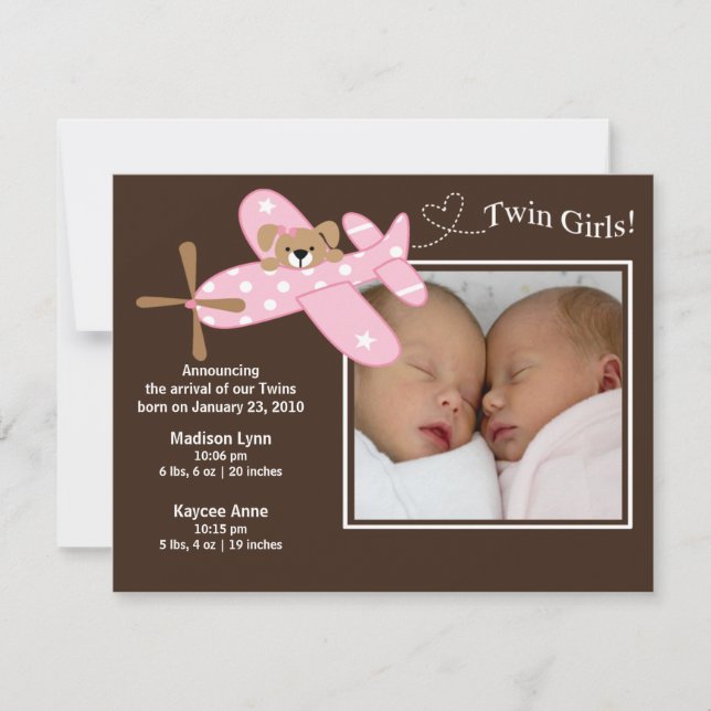 Pink Airplane Twin Girls Birth Annoucement Announcement (Front)