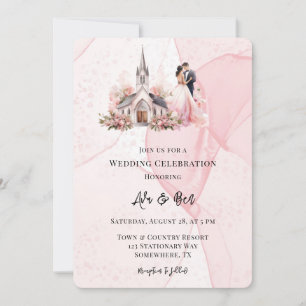 Pink Alcohol Floral Church Wedding Celebration Invitation