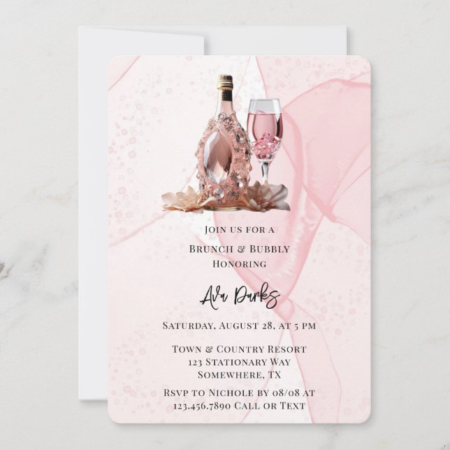 Pink Alcohol Ink Diamond Champagne Brunch & Bubbly Invitation (Front)