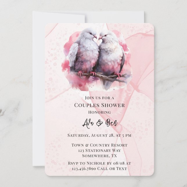 Pink Alcohol Ink Two Love Birds Couples Shower Invitation (Front)