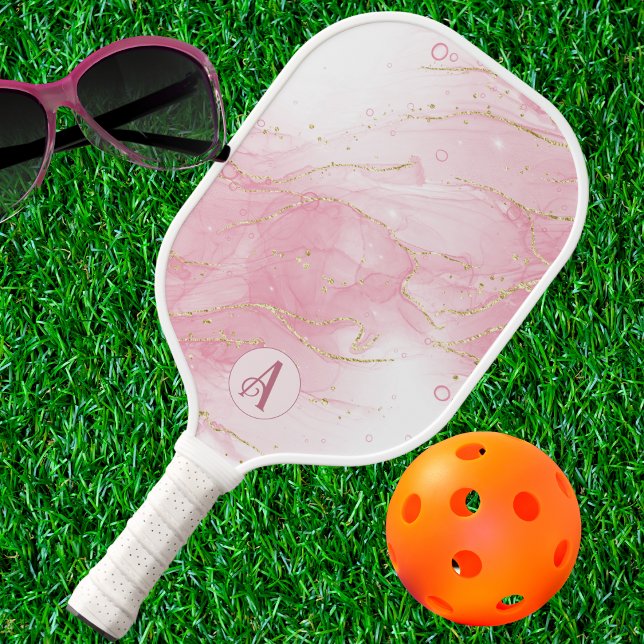 Pink Alcohol Ink with Gold Glitter Monogram Pickleball Paddle (Creator Uploaded)