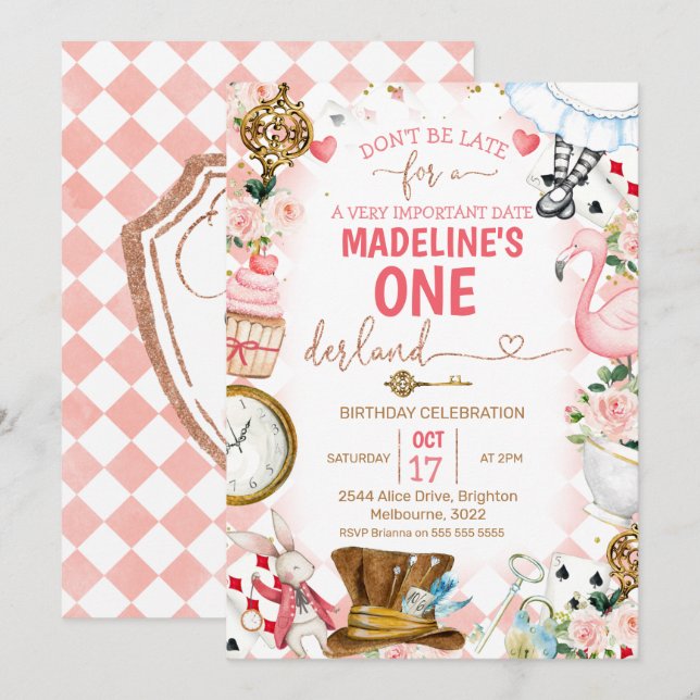 Pink Alice In Onederland 1st Birthday Invitation (Front/Back)