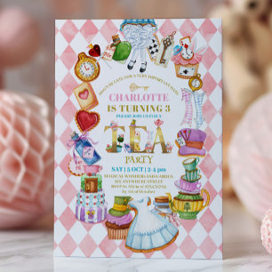 Pink Alice in Wonderland 3rd birthday Invitation