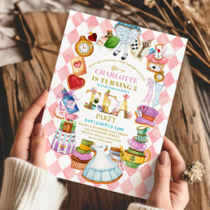 Pink Alice in Wonderland 5th birthday Invitation