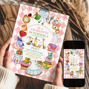 Pink Alice in Wonderland 5th birthday Invitation