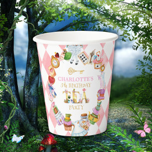 Pink Alice in Wonderland 5th birthday Paper Cups