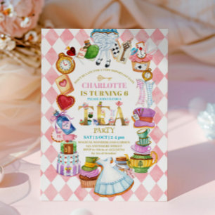 Pink Alice in Wonderland 6th birthday Invitation