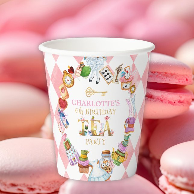 Pink Alice in Wonderland 6th birthday Paper Cups (Creator Uploaded)
