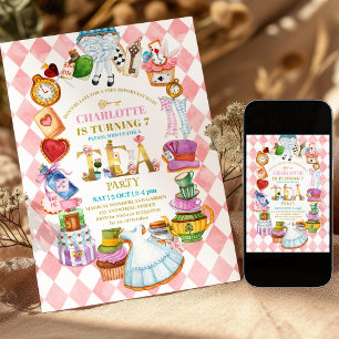 Pink Alice in Wonderland 7th birthday Invitation