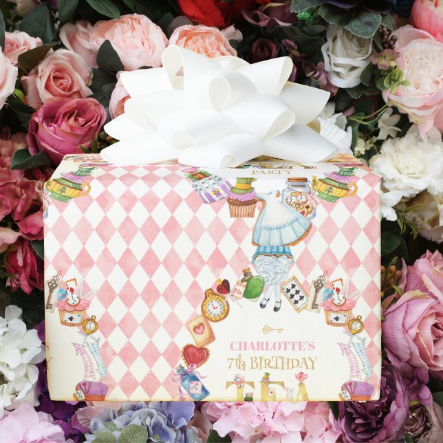 Pink Alice in Wonderland 7th Birthday   Wrapping Paper (Creator Uploaded)