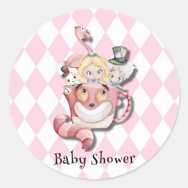 Pink Alice in Wonderland and Friends Baby Shower Classic Round Sticker (Front)