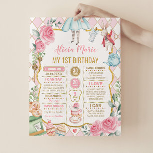Pink Alice in Wonderland Birthday Stats Milestone Poster