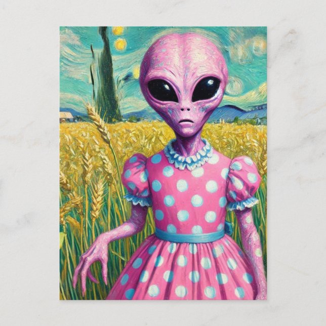 Pink Alien in a Polka Dot Dress in Wheat Field Postcard (Front)