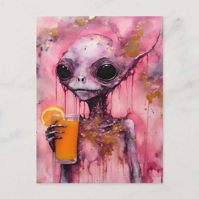 Pink Alien With An Orange Juice Postcard (Front)
