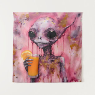 Pink Alien With An Orange Juice Tapestry