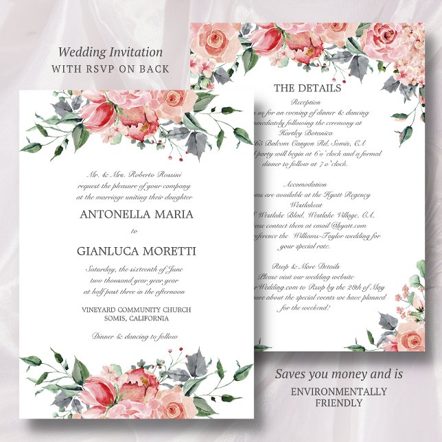 Pink All in One Wedding Invitation with RSVP (This wedding invitation with RSVP and Details saves you money and is environmentally friendly)