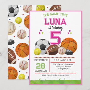 Pink All Star Sports Soccer Basketball  Birthday Invitation