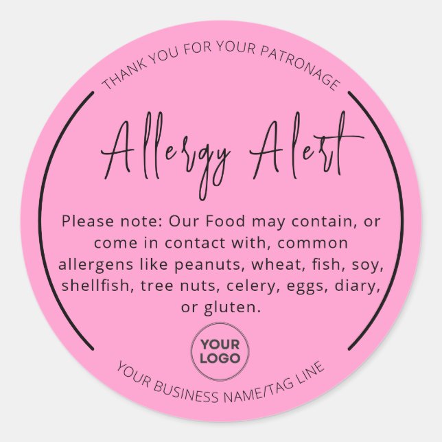 Pink Allergy Food Warning Round Sticker (Front)