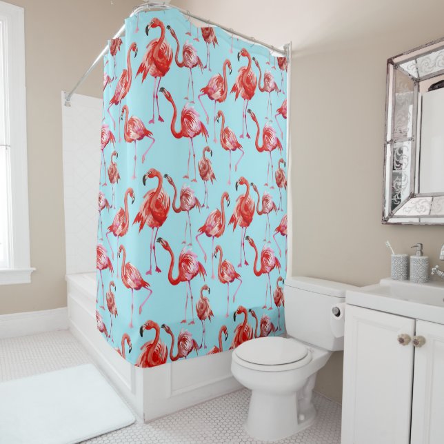Pink Aloha Flamingo Bird Pattern on Teal (In Situ)