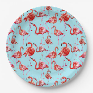Pink Aloha Flamingo Bird Pattern on Teal Paper Plate