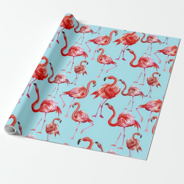 Pink Aloha Flamingo Bird Pattern on Teal Wrapping Paper (Unrolled)