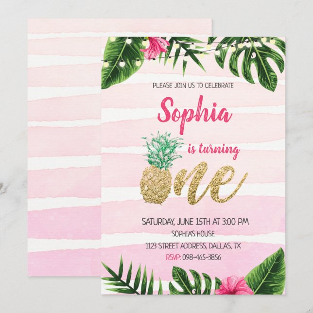 Pink Aloha Gold Un Anniversaire Invitation (Devant / Derrière)