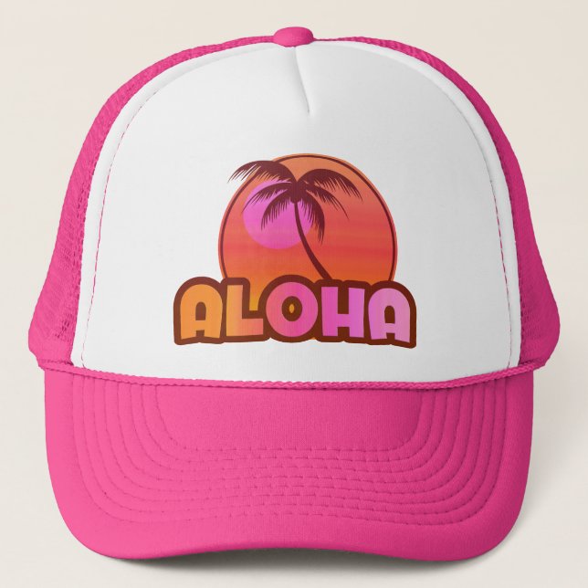 Pink Aloha Palm Trucker Hat (Front)
