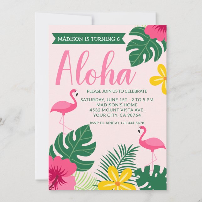 Pink Aloha Tropical Flamingo Luau 6th Birthday Invitation (Front)