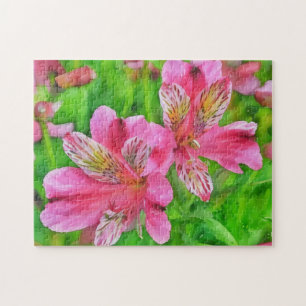 Pink Alstroemeria Lily Flowers Watercolor Style Jigsaw Puzzle