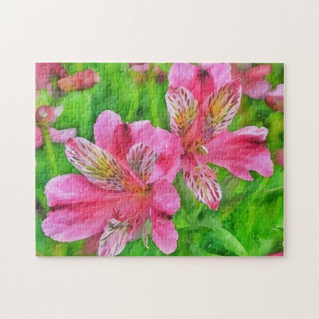 Pink Alstroemeria Lily Flowers Watercolor Style  Jigsaw Puzzle (Horizontal)
