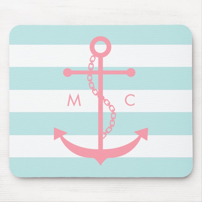 Pink Anchor and Monogram on Mint Stripes Mouse Pad (Front)