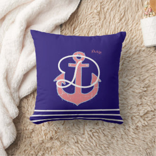 pink anchor on blue personalized nautical throw pillow