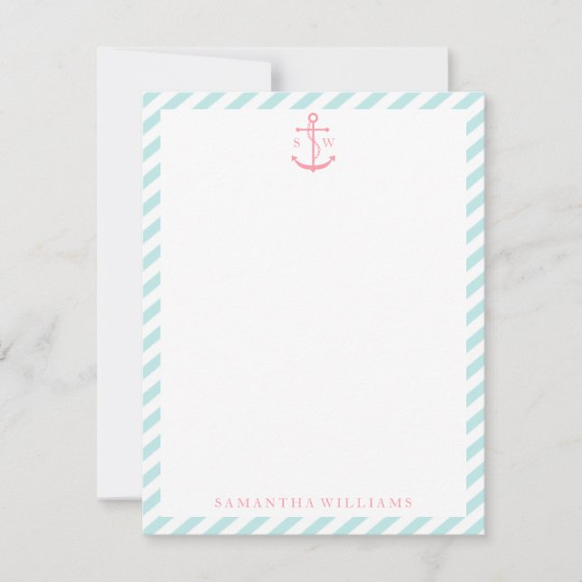 Pink Anchor on Mint Stripes Monogrammed Note Cards (Front)